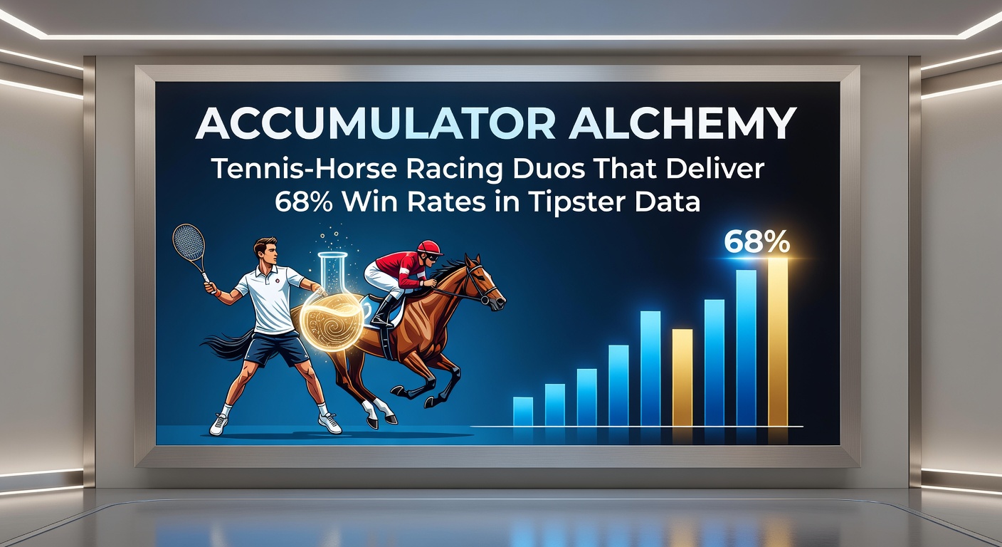 Dynamic split image showing a tennis serve on a clay court alongside a horse thundering down a racetrack, symbolizing the fusion of two sports in high-stakes accumulators