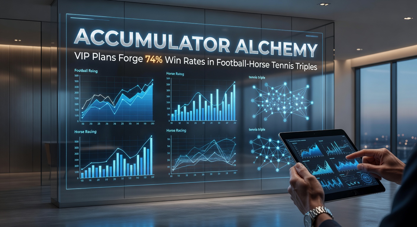 Graph showing VIP accumulator win rates spiking to 74% across football, horse racing, and tennis triples, with bars comparing free and premium plans
