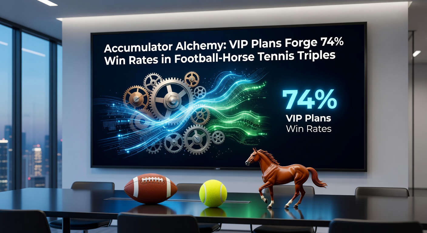 Close-up of a betting slip with successful football, horse racing, and tennis accumulator triple highlighted in green, alongside VIP membership badge