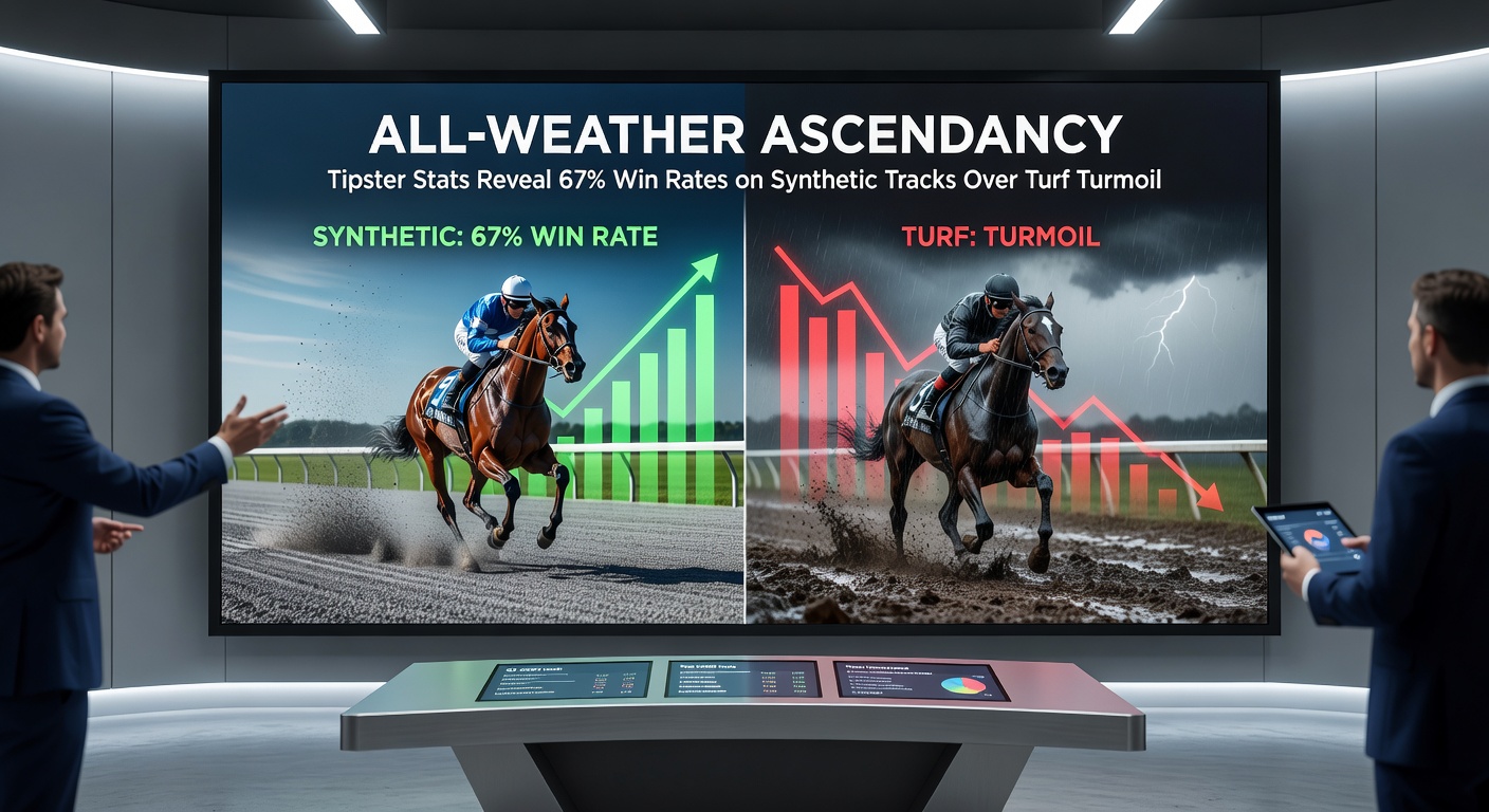 Chart comparing tipster win rates: 67% on synthetic tracks towering over 52% on turf, with seasonal breakdowns