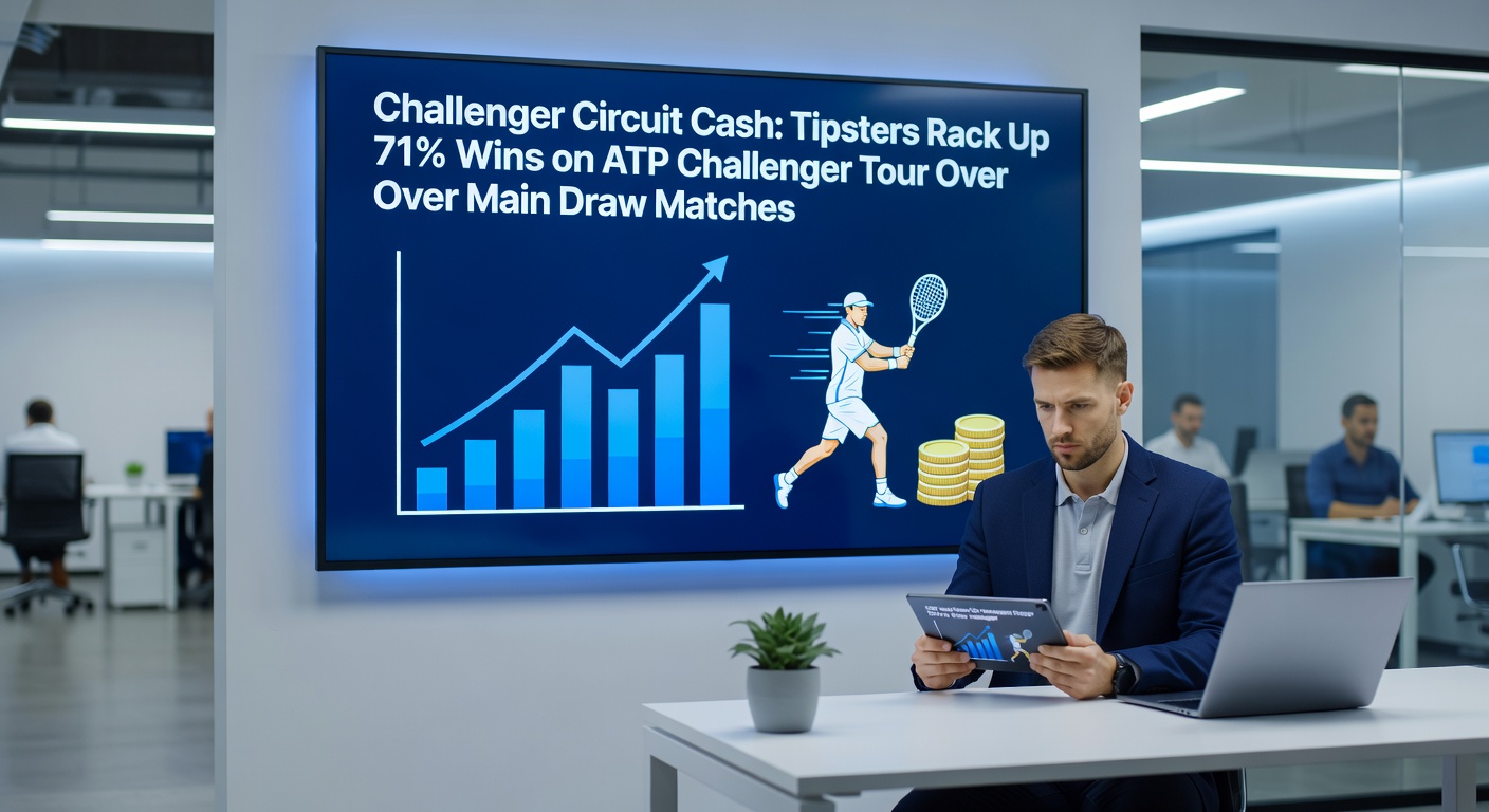 Tennis players competing intensely on a Challenger Tour court under bright lights, highlighting the competitive edge tipsters exploit