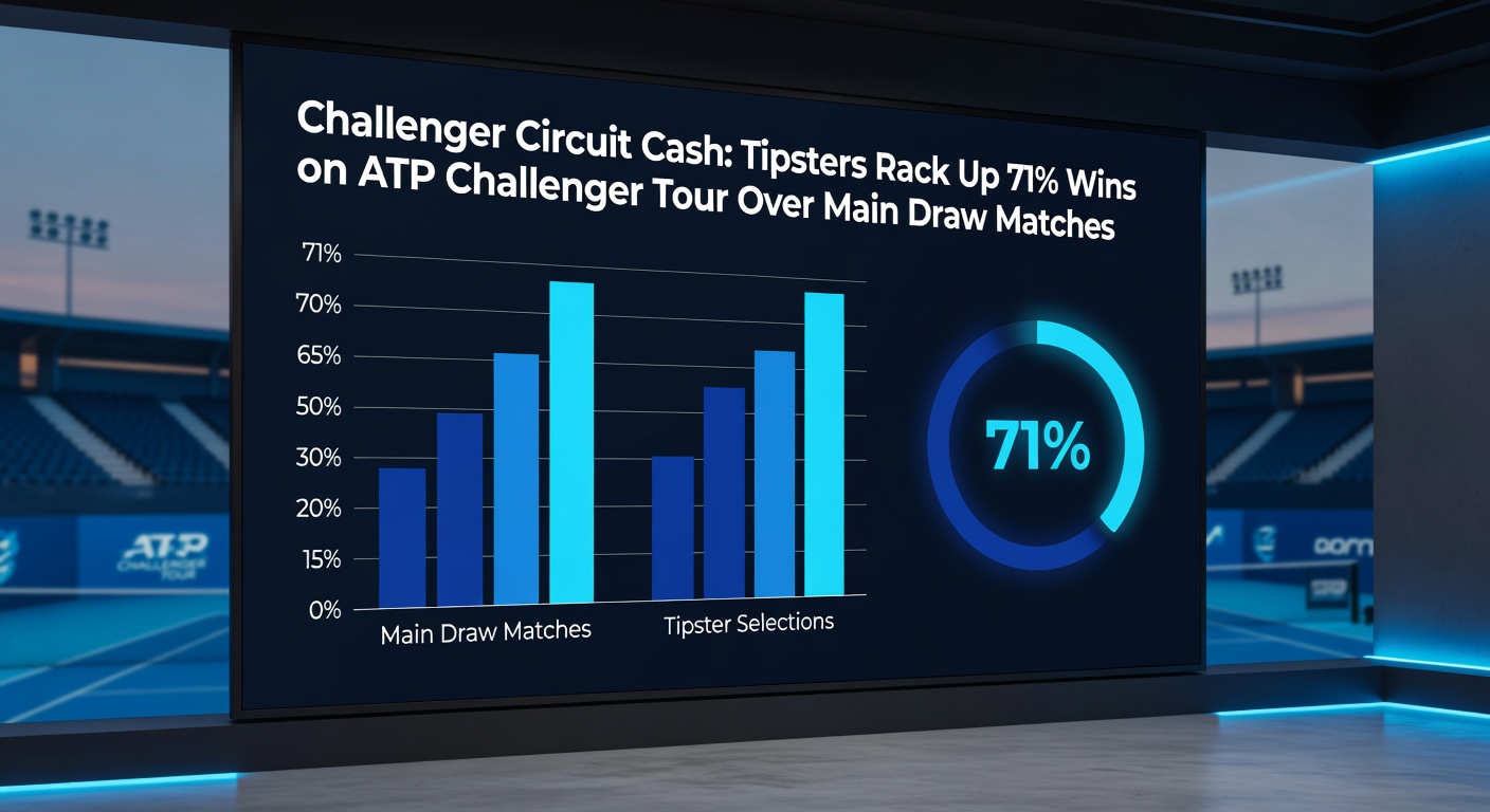 Data charts displaying tipster win rates on Challenger vs. main ATP tours, with green bars towering over blue for visual impact on performance gaps