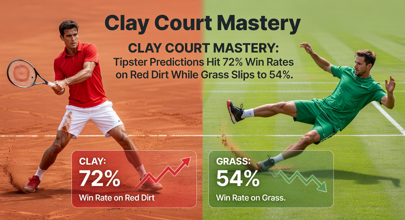 Intense clay court rally at a Masters 1000 event, overlaid with tipster win rate charts showing 72% on red dirt