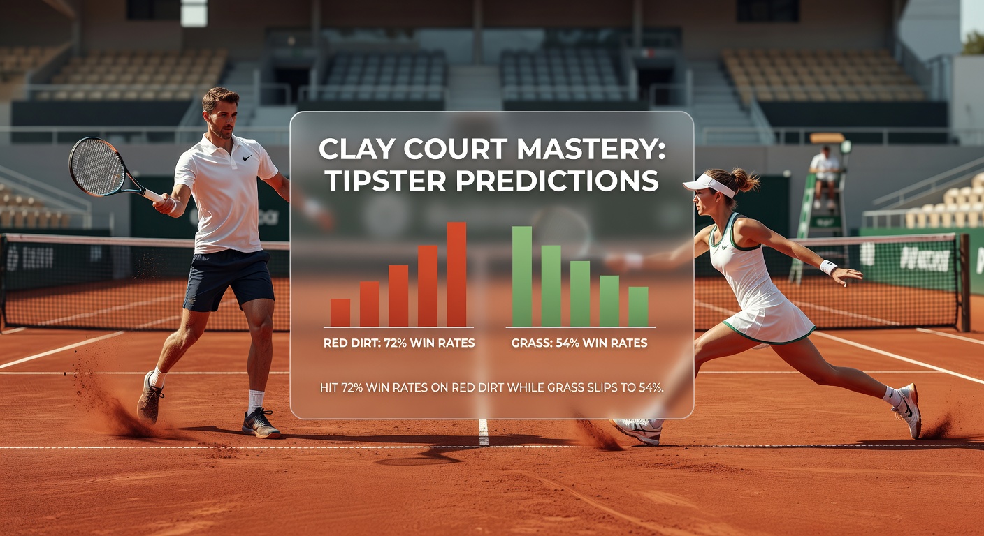 Grass court serve dominance contrasted with clay baseline grind, featuring win rate dip charts for tipsters