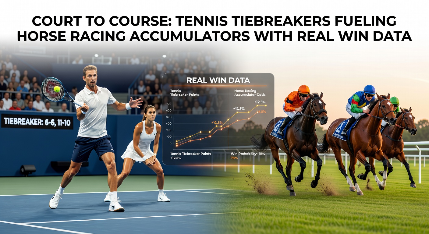 Dynamic split image showing a tennis player serving in a tiebreak alongside a horse charging down the final straight in a race, symbolizing the high-pressure crossover in betting strategies