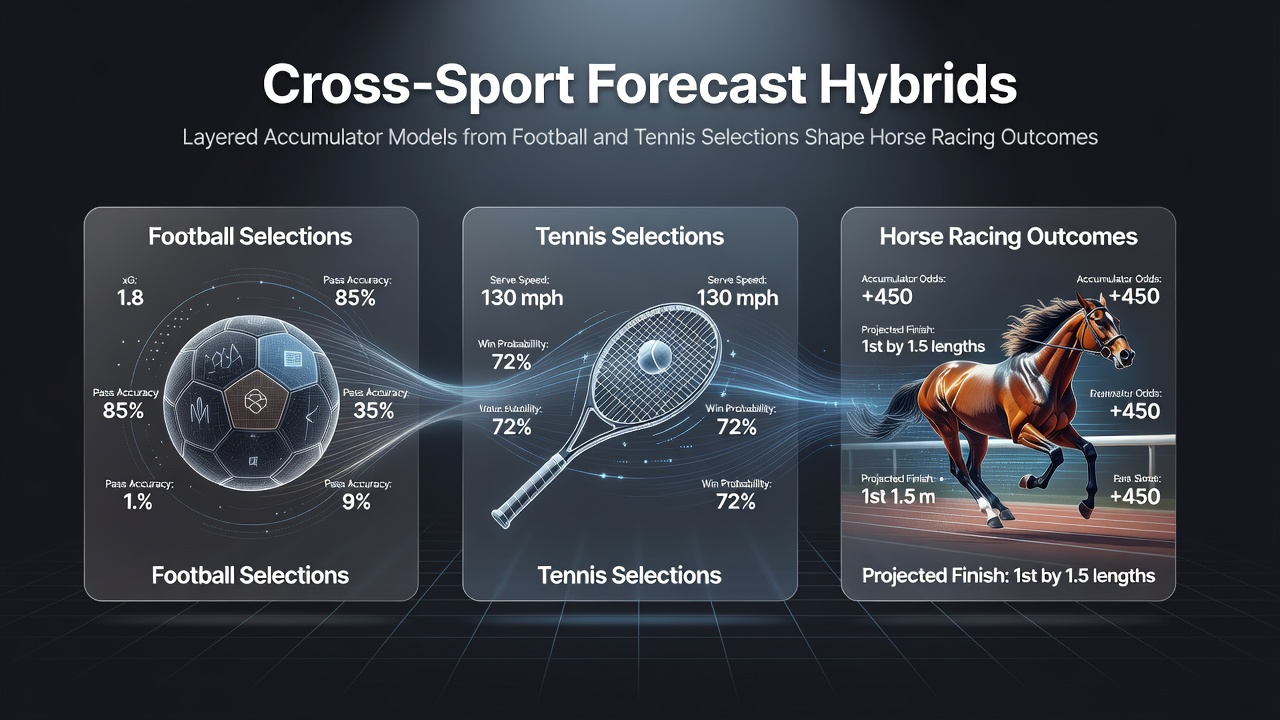 Diagram showing layered accumulator models combining football and tennis selections for horse racing outcomes