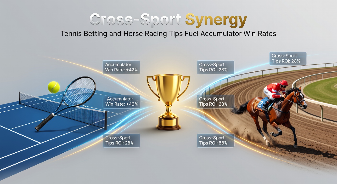 Tennis player serving on court alongside a horse racing past the finish line, symbolizing cross-sport betting synergy