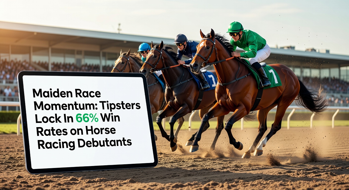 A young horse charging down the track in its debut maiden race, with jockey focused and crowd in the background