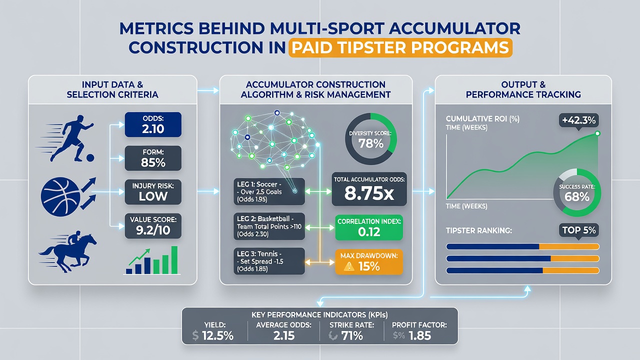 Dashboard screenshot showing accumulator performance trends across sports in paid tipster services
