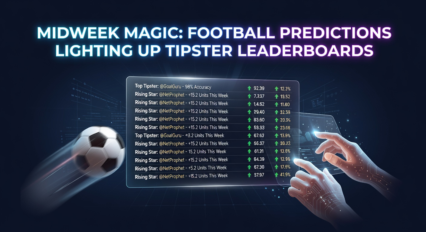 Dynamic leaderboard graphic showing top football tipsters with glowing midweek predictions highlighted in green, amid a backdrop of soccer pitches and scoreboards