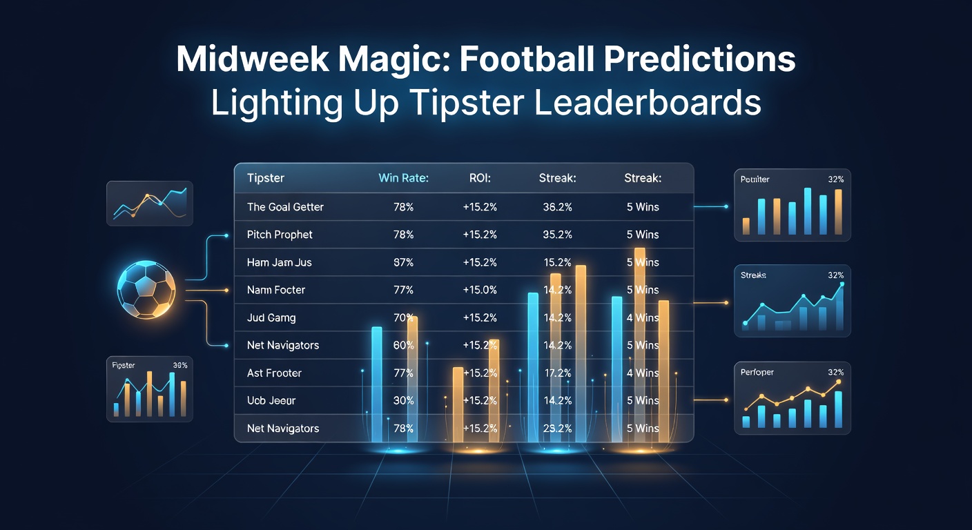 Close-up of a tipster's dashboard displaying midweek football predictions with green checkmarks on wins, leaderboards in the background, and tactical stats overlays