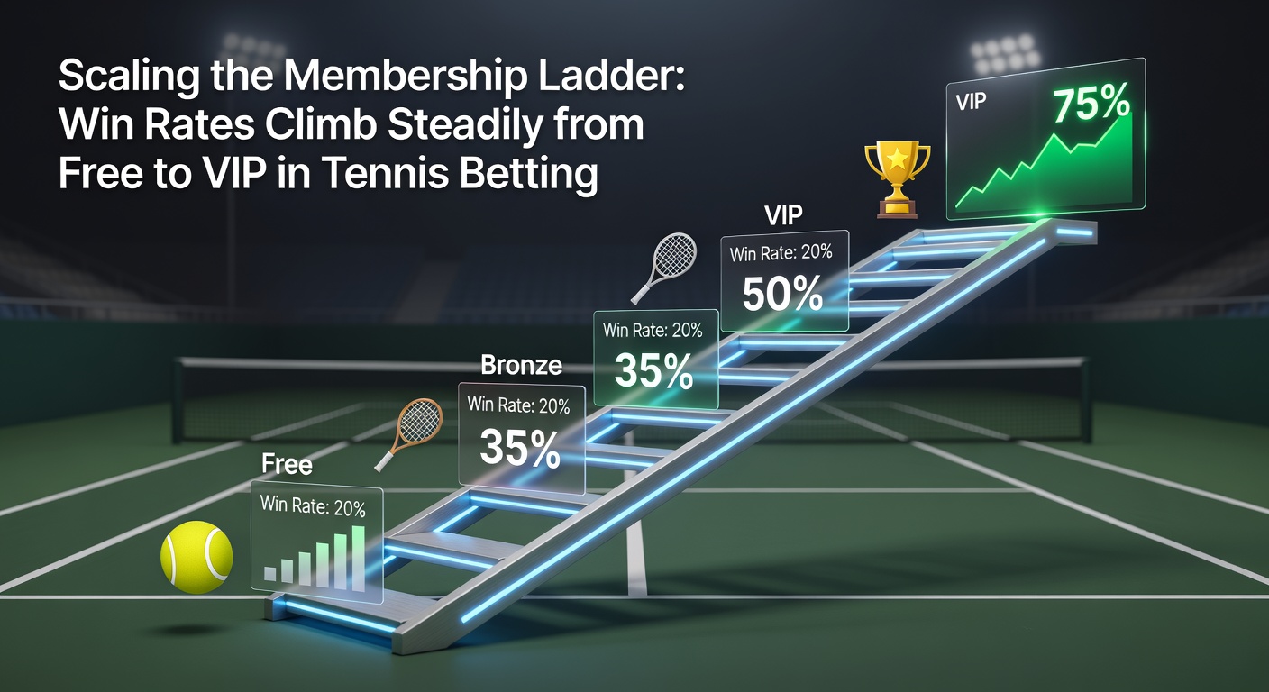 Bar chart illustrating rising win rates across free, daily, and VIP tennis betting tips, with VIP tiers reaching peaks above 75%
