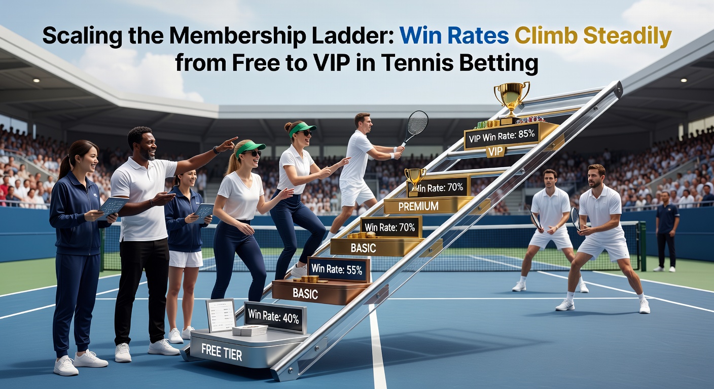 Line graph tracking win rate progression from free to VIP tiers over a 12-month period in tennis tipster performance