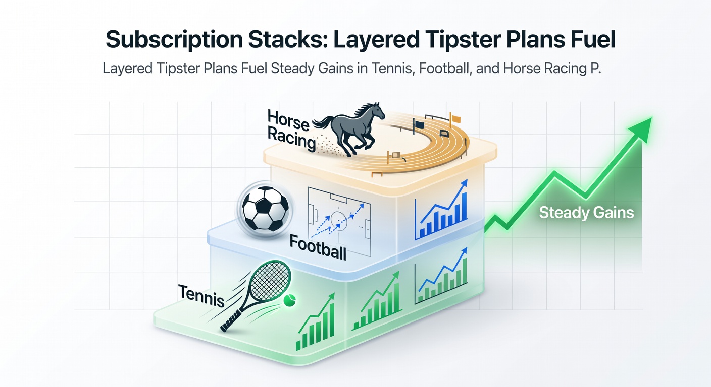Infographic illustrating a sample subscription stack with win rates and profit charts for tennis, soccer, and horse racing tipsters