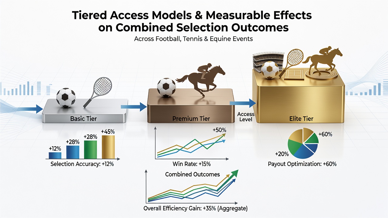 Visual breakdown of tiered access levels showing performance data across football, tennis and horse racing selections
